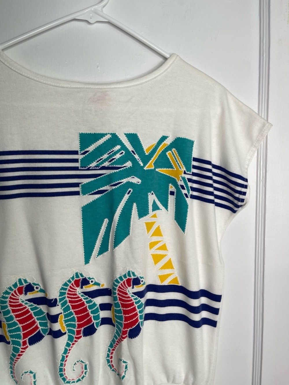 Vintage Seahorse Shirt S Jane Colby Dolman Tee Top Palm Tree Stripes Nautical - Picture 4 of 10